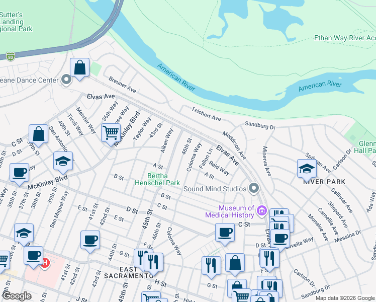 map of restaurants, bars, coffee shops, grocery stores, and more near 73 Coloma Way in Sacramento