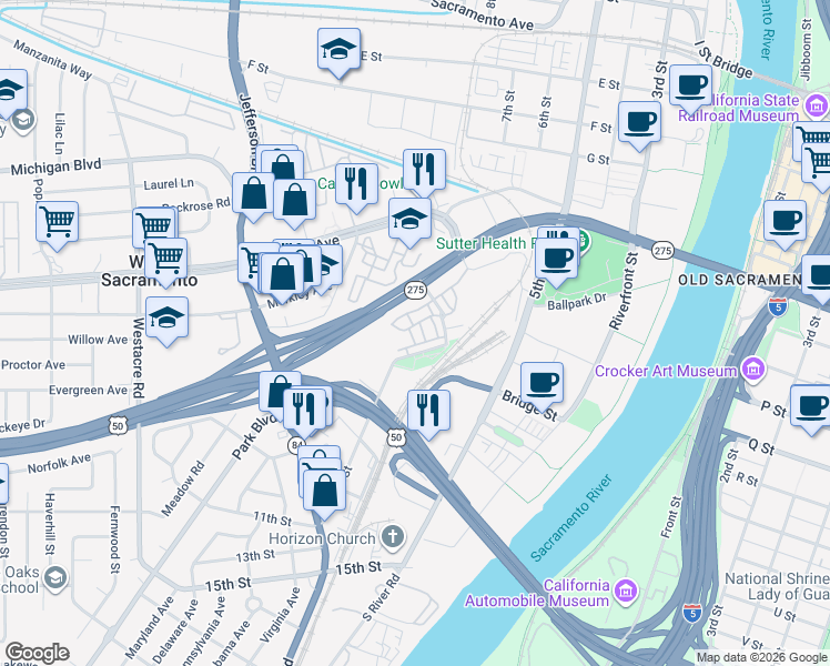 map of restaurants, bars, coffee shops, grocery stores, and more near 839 Copper Lane in West Sacramento