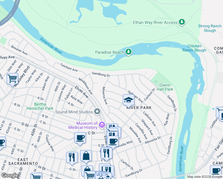 map of restaurants, bars, coffee shops, grocery stores, and more near 5317 Callister Avenue in Sacramento