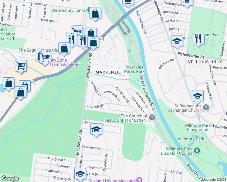 map of restaurants, bars, coffee shops, grocery stores, and more near 7001 Greenholly Dr in St Louis