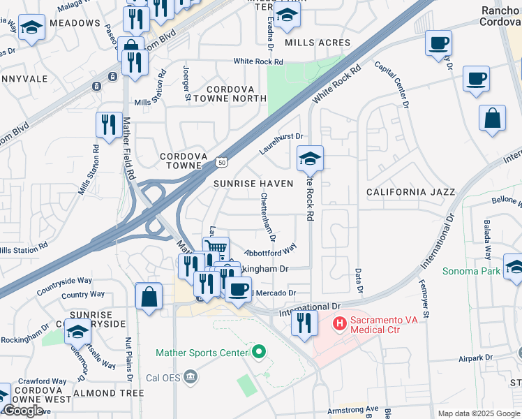 map of restaurants, bars, coffee shops, grocery stores, and more near 10450 Reymouth Avenue in Rancho Cordova