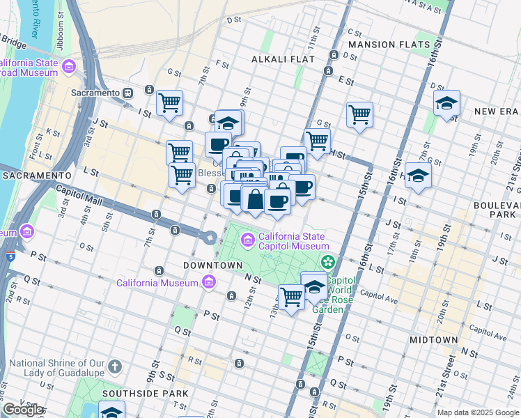 map of restaurants, bars, coffee shops, grocery stores, and more near 1100 K Street in Sacramento