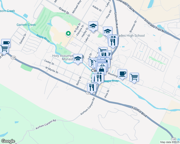 map of restaurants, bars, coffee shops, grocery stores, and more near 1323 Spring Street in Calistoga