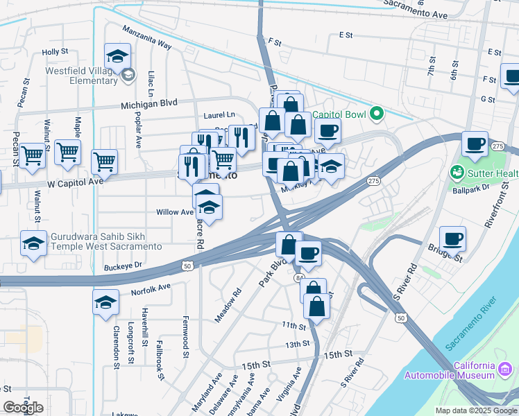 map of restaurants, bars, coffee shops, grocery stores, and more near 1525 Merkley Avenue in West Sacramento