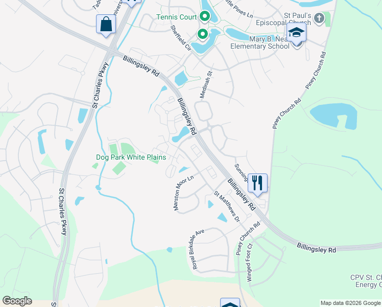 map of restaurants, bars, coffee shops, grocery stores, and more near 11605 Lewisham Place in Saint Charles