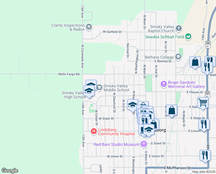map of restaurants, bars, coffee shops, grocery stores, and more near 426 North Pine Street in Lindsborg