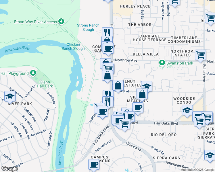 map of restaurants, bars, coffee shops, grocery stores, and more near in Arden-Arcade