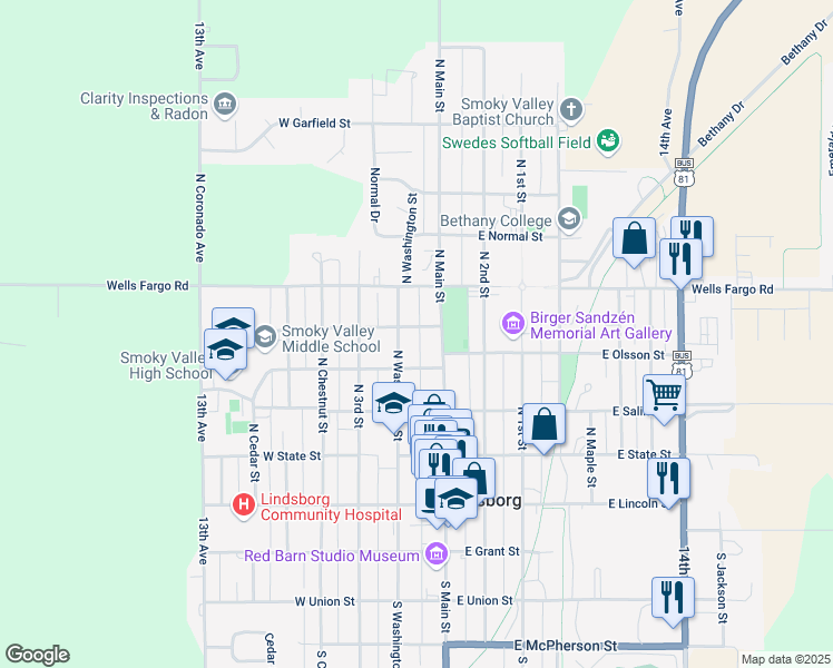 map of restaurants, bars, coffee shops, grocery stores, and more near 105 W Green St in Lindsborg