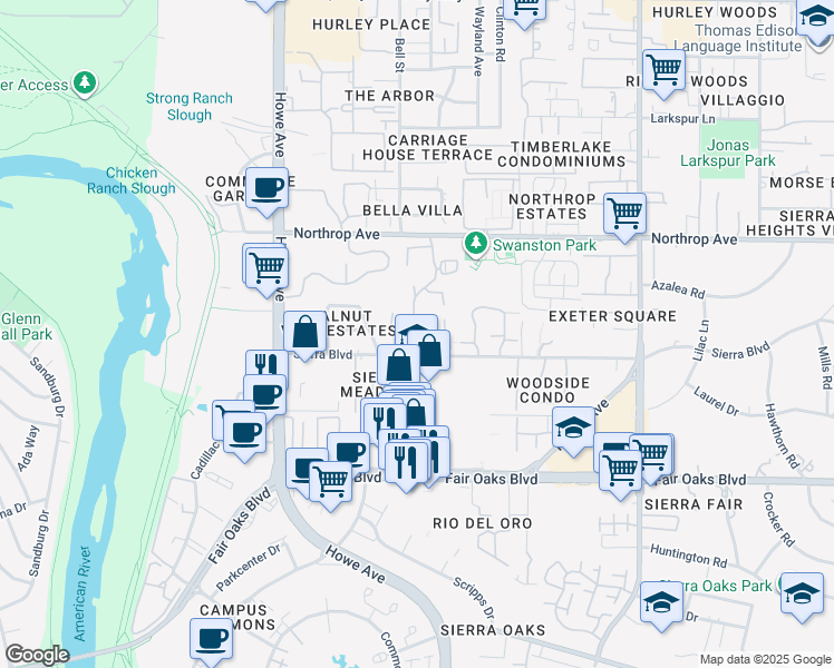map of restaurants, bars, coffee shops, grocery stores, and more near 713 Woodside Lane East in Sacramento