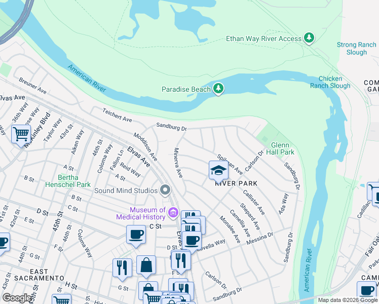 map of restaurants, bars, coffee shops, grocery stores, and more near 5317 Callister Avenue in Sacramento