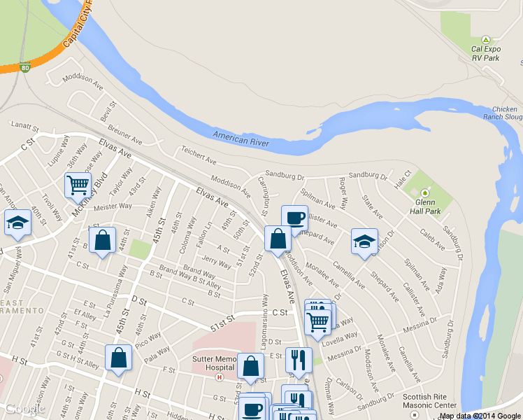 map of restaurants, bars, coffee shops, grocery stores, and more near 5235 Carrington Street in Sacramento