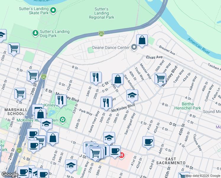 map of restaurants, bars, coffee shops, grocery stores, and more near 3546 D Street in Sacramento