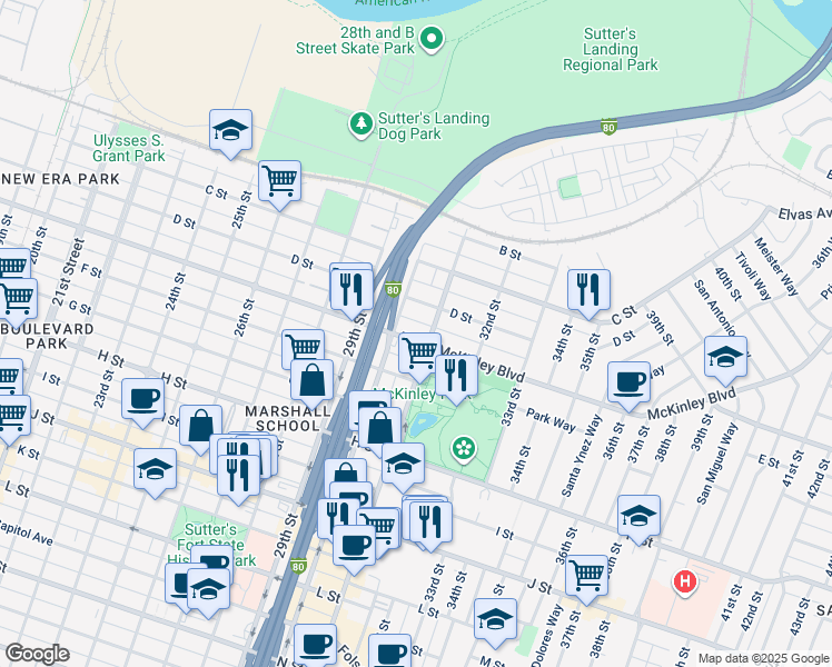 map of restaurants, bars, coffee shops, grocery stores, and more near 3008 E Street in Sacramento