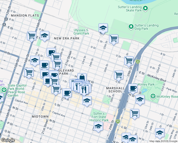 map of restaurants, bars, coffee shops, grocery stores, and more near 2400 G Street in Sacramento