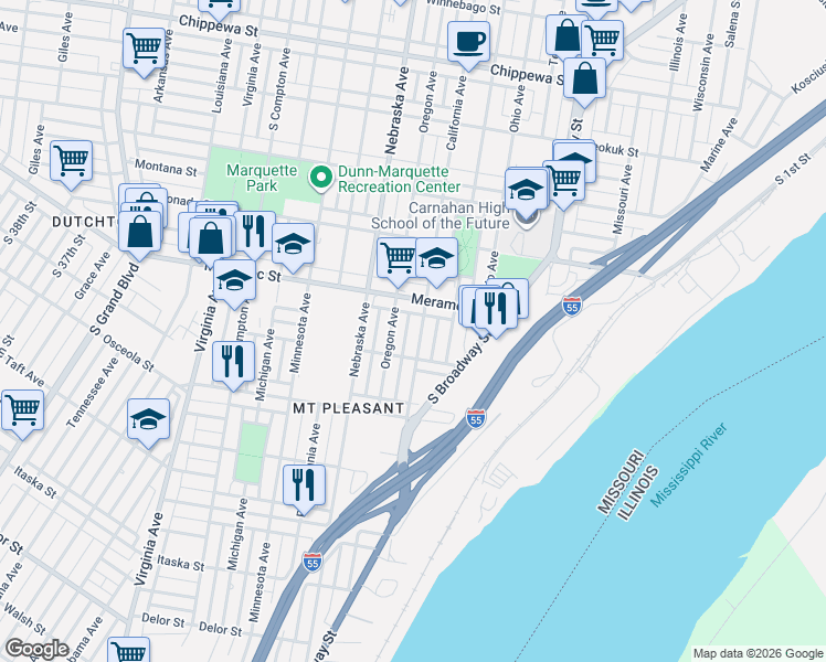 map of restaurants, bars, coffee shops, grocery stores, and more near 4236 Oregon Avenue in St. Louis