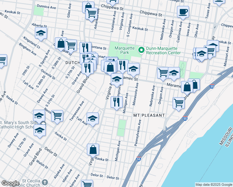 map of restaurants, bars, coffee shops, grocery stores, and more near 4300 South Compton Avenue in St. Louis