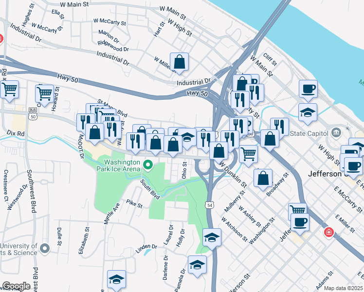 map of restaurants, bars, coffee shops, grocery stores, and more near 620 Ohio St in Jefferson City