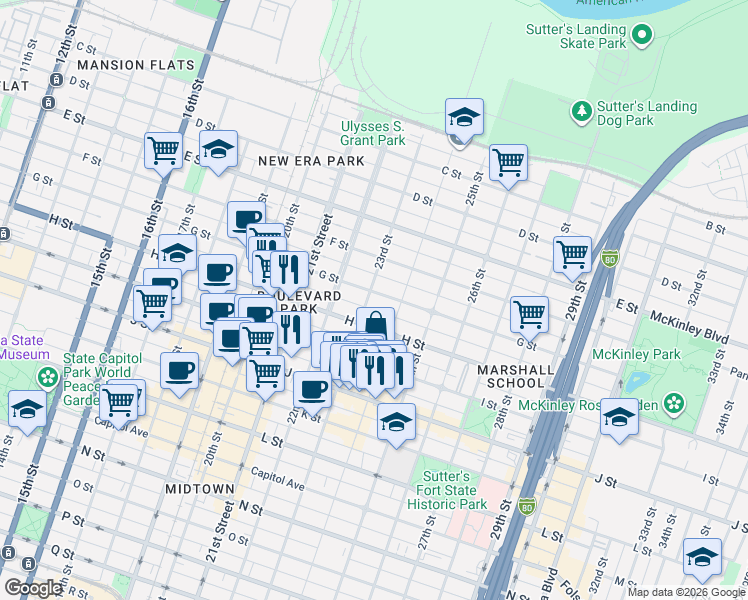 map of restaurants, bars, coffee shops, grocery stores, and more near 5 23rd Street in Sacramento