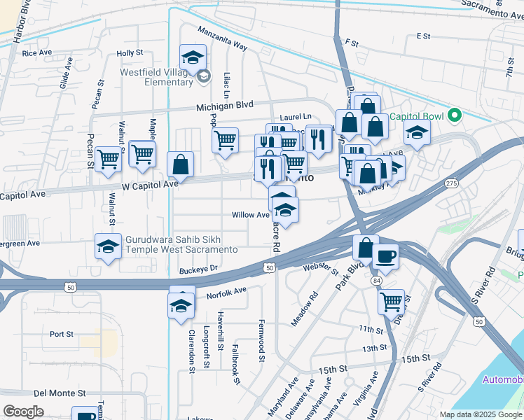 map of restaurants, bars, coffee shops, grocery stores, and more near 1720 Willow Avenue in West Sacramento