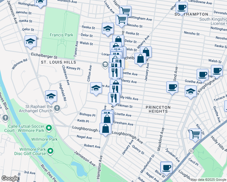 map of restaurants, bars, coffee shops, grocery stores, and more near 5845 Hampton Avenue in St. Louis