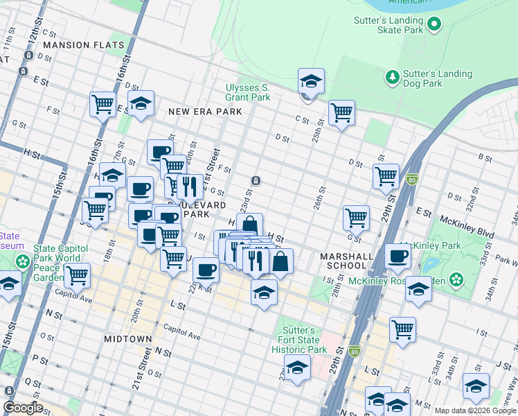 map of restaurants, bars, coffee shops, grocery stores, and more near 2320 G Street in Sacramento