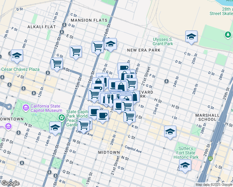 map of restaurants, bars, coffee shops, grocery stores, and more near 1818 H Street in Sacramento
