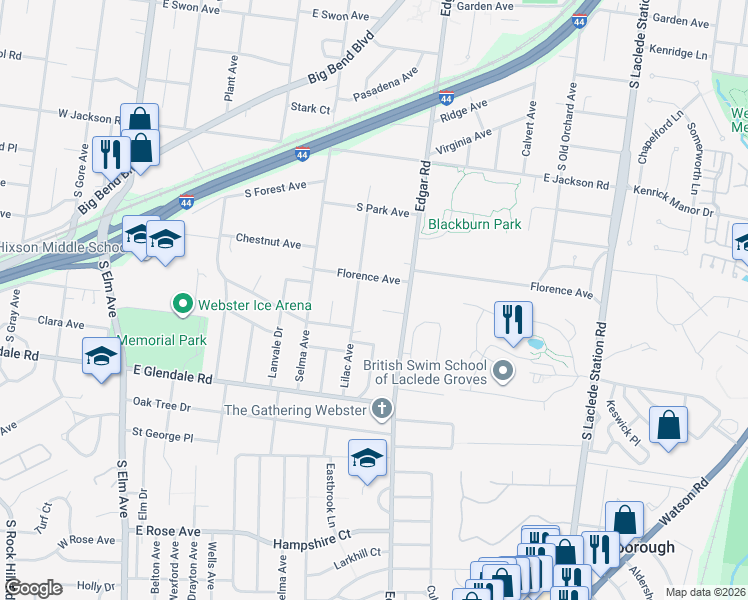 map of restaurants, bars, coffee shops, grocery stores, and more near 465 Crabtree Court in Webster Groves