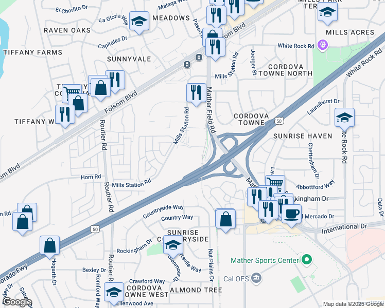 map of restaurants, bars, coffee shops, grocery stores, and more near 10054 Mills Station Road in Sacramento