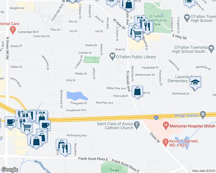 map of restaurants, bars, coffee shops, grocery stores, and more near 116 White Pine Avenue in O'Fallon