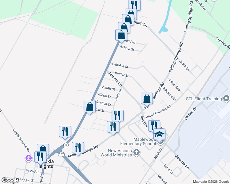 map of restaurants, bars, coffee shops, grocery stores, and more near 24 Judith St in Cahokia