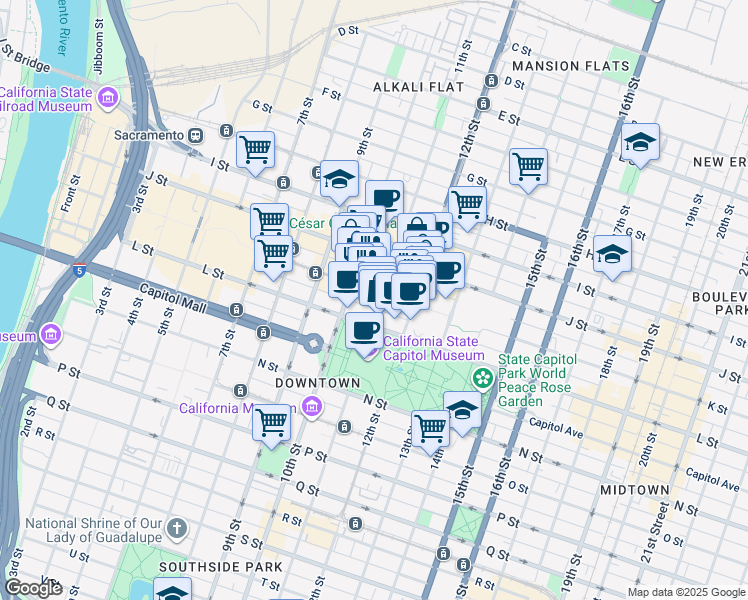 map of restaurants, bars, coffee shops, grocery stores, and more near 1100 K Street in Sacramento