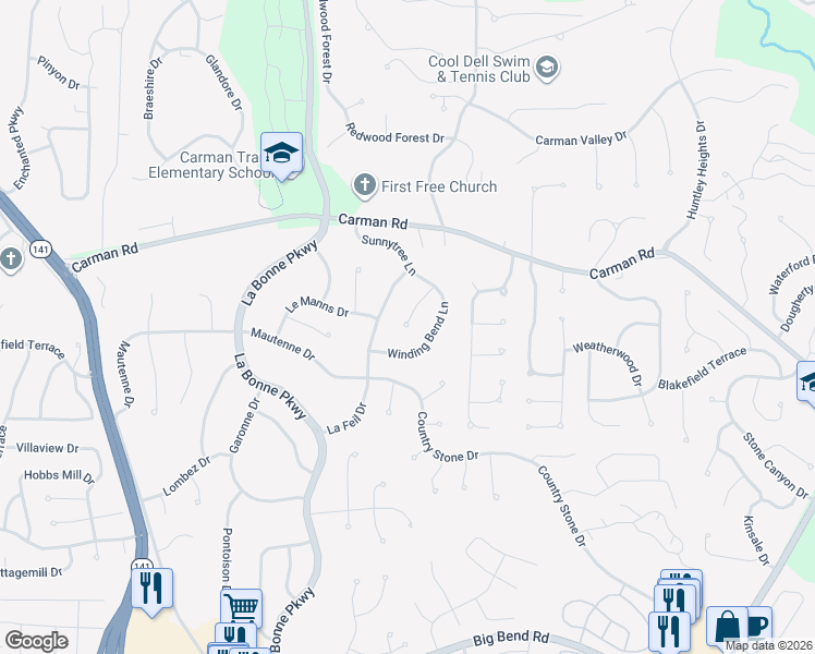 map of restaurants, bars, coffee shops, grocery stores, and more near 757 Memoir Lane in Ballwin