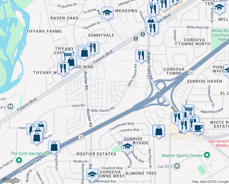 map of restaurants, bars, coffee shops, grocery stores, and more near 10035 Mills Station Road in Sacramento