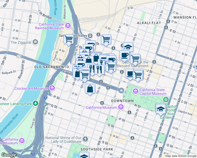 map of restaurants, bars, coffee shops, grocery stores, and more near 621 Capitol Mall in Sacramento