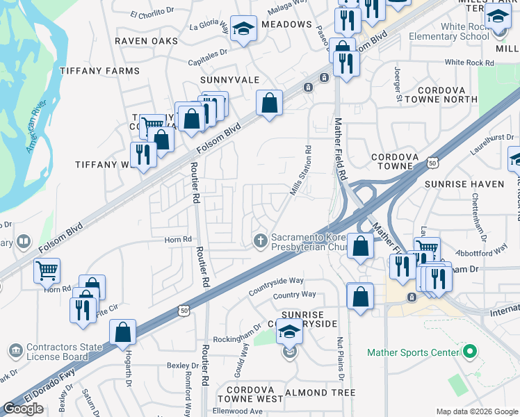 map of restaurants, bars, coffee shops, grocery stores, and more near 10035 Mills Station Road in Sacramento
