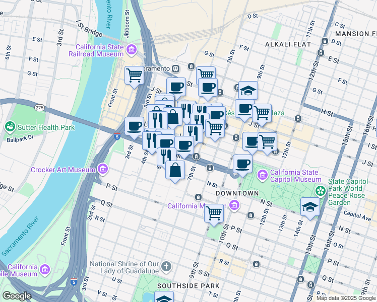 map of restaurants, bars, coffee shops, grocery stores, and more near 609 Capitol Mall in Sacramento