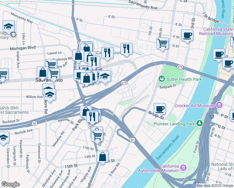 map of restaurants, bars, coffee shops, grocery stores, and more near 897 Argon Lane in West Sacramento