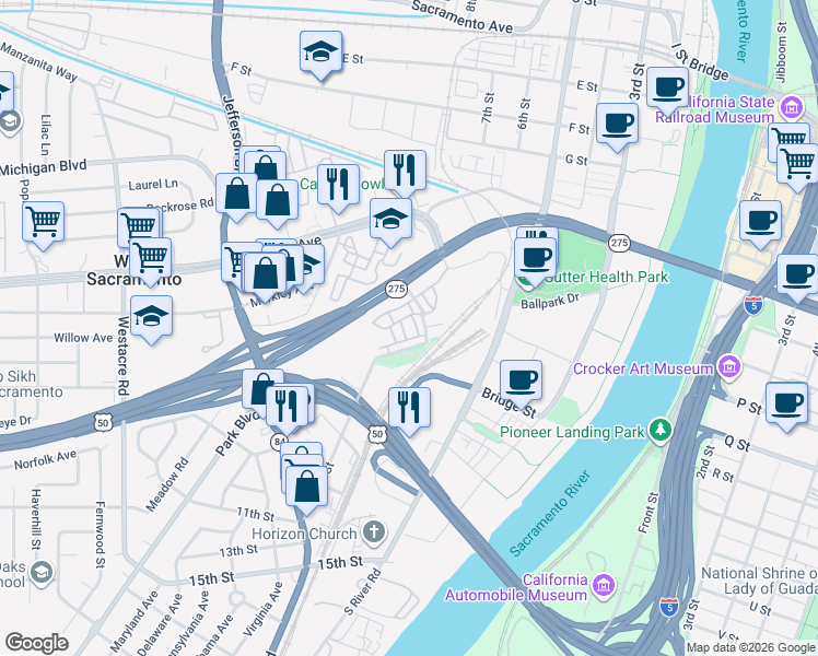 map of restaurants, bars, coffee shops, grocery stores, and more near 831 Copper Lane in West Sacramento