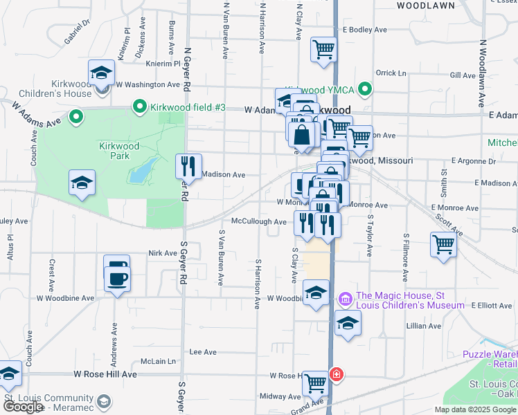map of restaurants, bars, coffee shops, grocery stores, and more near 309 South Harrison Avenue in Kirkwood