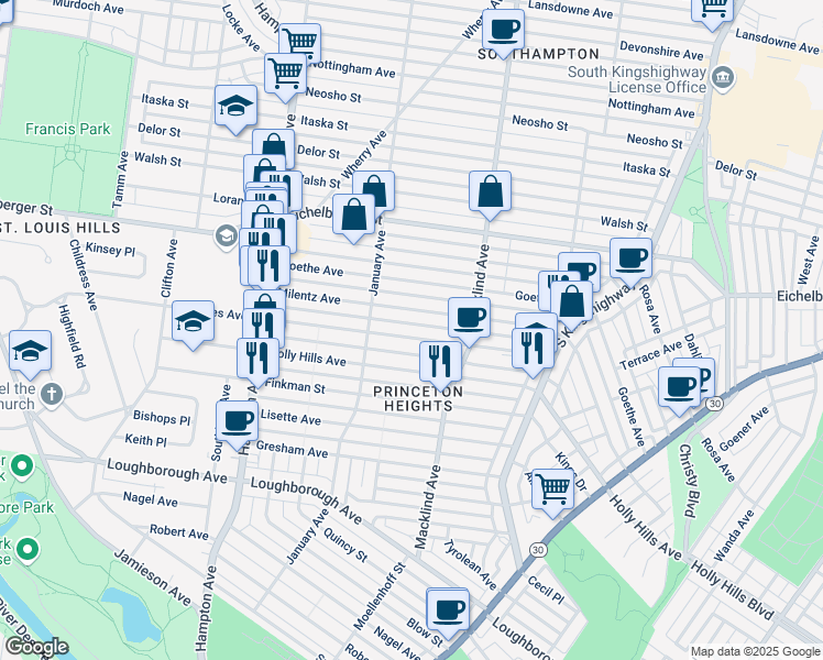 map of restaurants, bars, coffee shops, grocery stores, and more near 5461 Rhodes Avenue in St. Louis