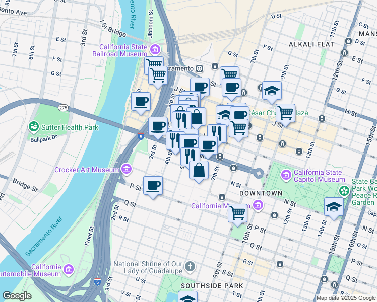 map of restaurants, bars, coffee shops, grocery stores, and more near Capitol Mall in Sacramento
