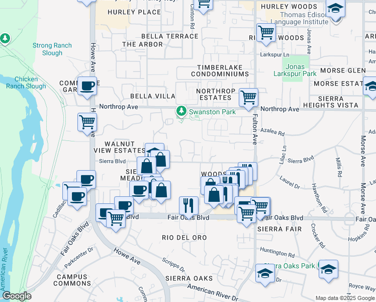 map of restaurants, bars, coffee shops, grocery stores, and more near 658 Woodside Sierra in Sacramento