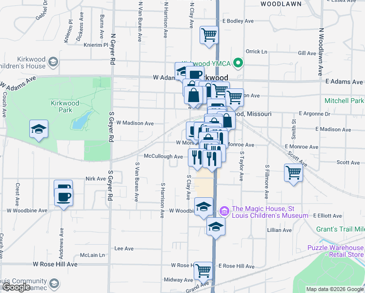 map of restaurants, bars, coffee shops, grocery stores, and more near 212 West Monroe Avenue in Kirkwood