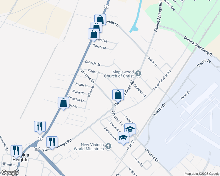 map of restaurants, bars, coffee shops, grocery stores, and more near 124 Kinder Street in Cahokia
