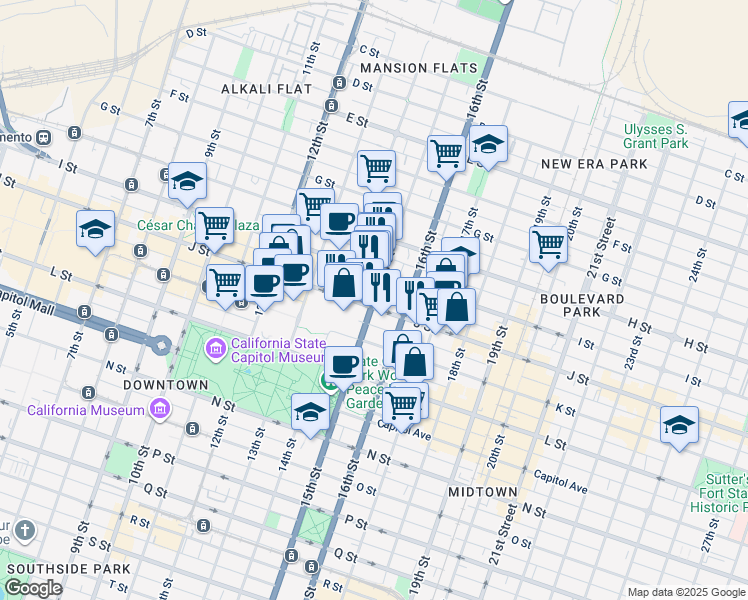 map of restaurants, bars, coffee shops, grocery stores, and more near 15th Street in Sacramento