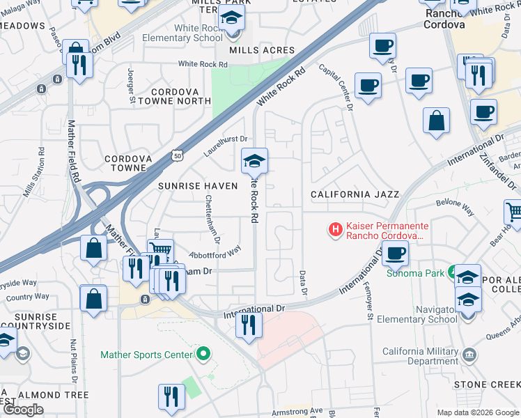 map of restaurants, bars, coffee shops, grocery stores, and more near 3600 Data Drive in Rancho Cordova