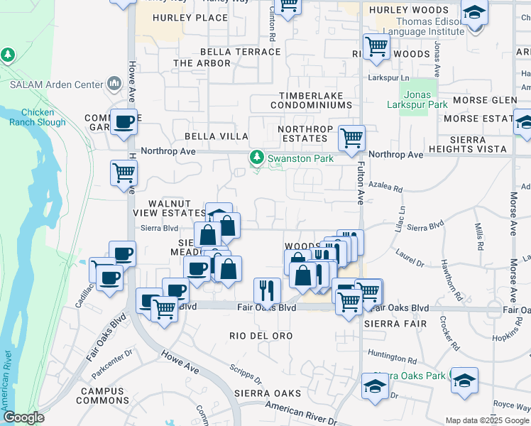 map of restaurants, bars, coffee shops, grocery stores, and more near 658 Woodside Sierra in Sacramento