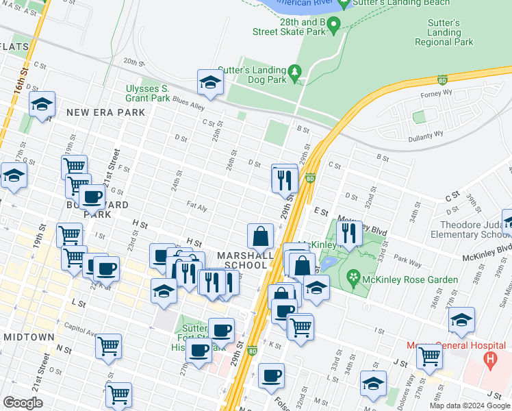 map of restaurants, bars, coffee shops, grocery stores, and more near 521 28th Street in Sacramento