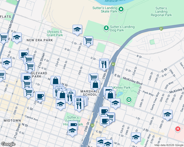 map of restaurants, bars, coffee shops, grocery stores, and more near 2631 F Street in Sacramento