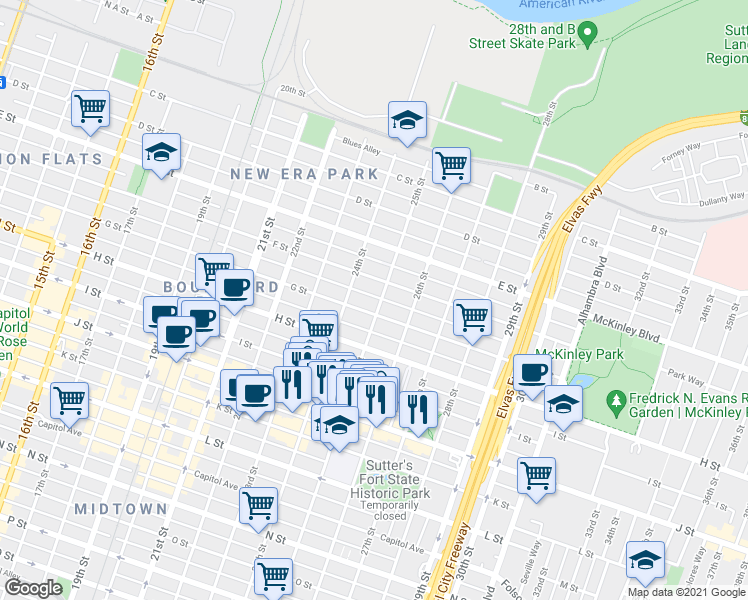 map of restaurants, bars, coffee shops, grocery stores, and more near 617 25th Street in Sacramento